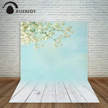 Allenjoy Pastelovo modrá farba biele kvety a drevené podlahy Jar pozadie Svadba v Pozadí alebo Detí photocall dekorácie