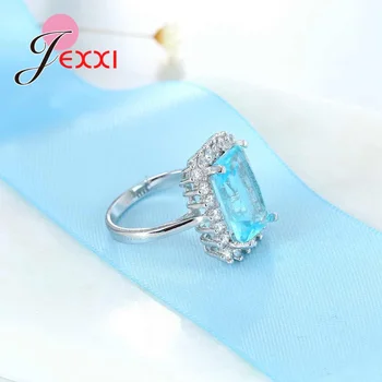 JEXXI Luxusné Svadobné 925 Sterling Silver Šperky Svetlo Modrý Štvorec Crystal Svadobné Zásnubné Prstene Pre Ženy So Zirkónmi