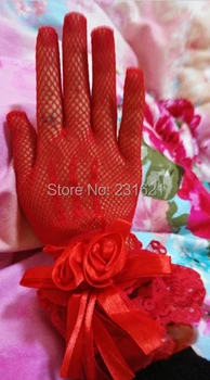 Dámske módne rukavice nevesta červená gázy rose svadobné rukavice sexi červenej krajky kvetinový rukavice red white