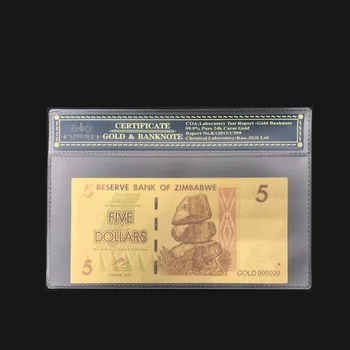 Wishonor Zimbabwe Farbu Zlata Bankovka 5 Dolárových Bankoviek V 24k Zlatom S Plastový Rám Pre Dar A Zbierky