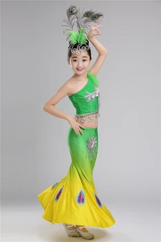 Deti Tradičné Čínske Ľudové Tanečné Kostýmy Dai Tanec Páva Top + Morská víla Sukne Etnických Páva Tanečné Šaty pre Stage