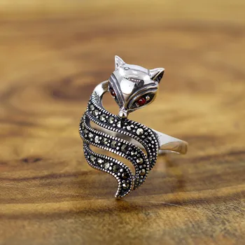 Reálne 925 Sterling Silver Krúžky Pre Ženy Roztomilý Zvierat Fox Red Crystal Spoločné Vintage Prsteň snubný Prsteň Jemné Šperky SR03