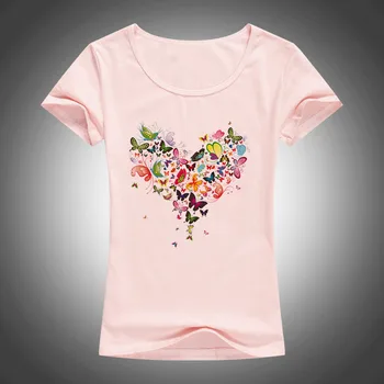 2017 letné Srdce tvar farebné butterfly tričko ženy krásne jarné letné tričko značky fashion tričko cool topy F05