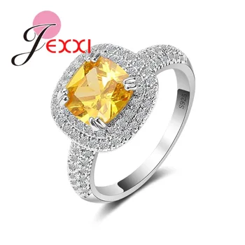 JEXXI Jednoduché Štvorec Žltý Cubic Zirconia 925 Sterling Silver Prstene Pre Ženy Valentines Day Milenca Darček Promise Ring
