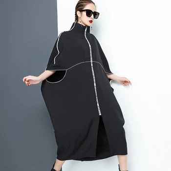 [EAM] 2018 nové jarné stojan golier s dlhým rukávom black list zips nepravidelný veľká veľkosť pevných šaty ženy móda príliv JE65001