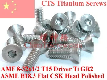 Titánové skrutky, 8-32x1/2 CSK Hlavou Torx 15 Ovládač ASME B18.3 Leštené 50 ks