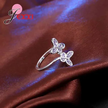 JEXXI Vysoko Kvalitnej Ušľachtilej Fialová Crystal Krúžok pre Svadobné Zapojenie Dvojitého Motýľ Otvoriť Krúžky Nastaviteľné 925 Strieborné Šperky
