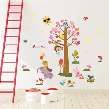 Cartoon Zvieratá Sveta Strom Opice Sova Vták samolepky na stenu pre deti izbách Deti Stenu Kotúča, Škôlky, Spálňa Decor Plagát nástenná maľba