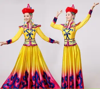 Nový štýl Žltá mongolskej oblečenie Fáze výkonu nosenie Dance sukne šaty Čínskych ľudových tanečných kostýmov, mongolských Tanečné Kostýmy