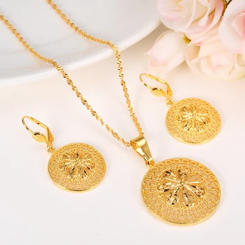 Nové Módne Etiópskej Šperky Set Prívesok Náhrdelník & Náušnice Módne Kruhu Dizajn 24k Žltá Pevná rýdze Zlato GF