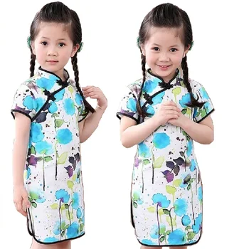 Čínsky Nový Rok, Baby, Dievčatá Šaty Atrament Umývanie Maľovanie Lotus Deti Tradičné Qipao Deti Cheongsam Bielizeň Dievča Oblečenie Vestidos