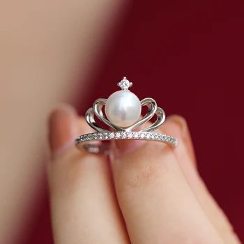 Móda Prírodné Sladkovodné Perly princezná Koruny Nastaviteľné Zásnubný Prsteň 925 sterling silver Ring pre Ženy Darček