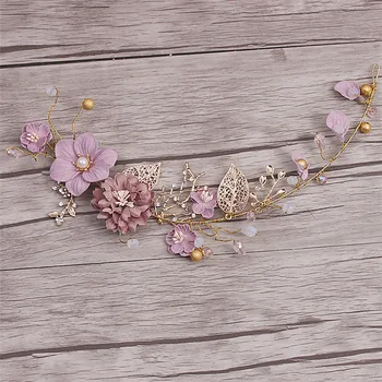 Fialové zlato série nevesta headdress dlhé vlasy kvetinové svadobné vlasové ozdoby ručné svadobné pláži svadobné vlasové dekorácie
