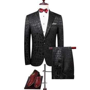 MarKyi krokodíla vzor tlače muži obleky, nohavice sako s 2017 módne pánske black svadobný oblek plus veľkosti 4xl