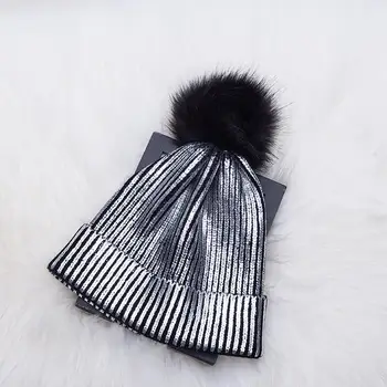 2018 ženy, Zimné Doplnky, Zlato, Striebro Žien Knitwear Módne kukla vlasy loptu zimná čiapka čiapky pre ženy čiapočku klobúk