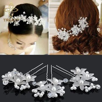 TREAZY 4Pcs/Veľa Módnych Simulované Crystal Pearl sponky do vlasov Pre Svadobné Biele Kvety Vlasy Kolíky Svadobné Vlasy, Šperky, Doplnky