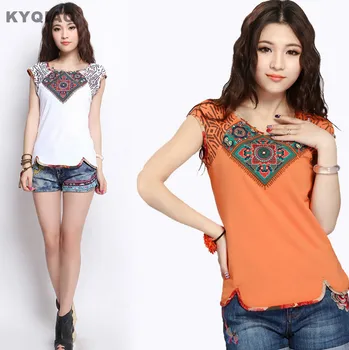 KYQIAO etnických t-shirt pre ženy, ženské vintage o krk krátky rukáv, oranžová, biela bavlna tričko top Tradičné Čínske oblečenie