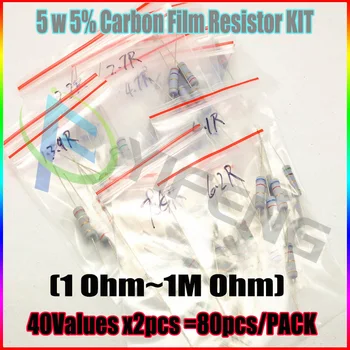 NOVÉ! (40values*2 ks)80pcs/veľa 5W Metal Oxide Film Odpor Sortiment Kit 1 ohm - 1M ohm