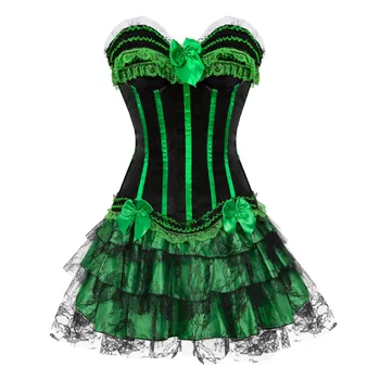 Prúžok červená/zelená saténový korzet a Karneval šaty s bowknot zdobené zips bočné sexy showgirl čipky prekrytie sukne