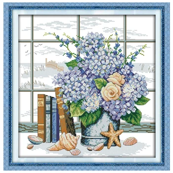 3. Modré Elegantné Kvety Počíta Cross Stitch 11CT Vytlačené 14CT Cross Stitch Nastaviť Cross-stitch Auta Výšivky, Výšivky