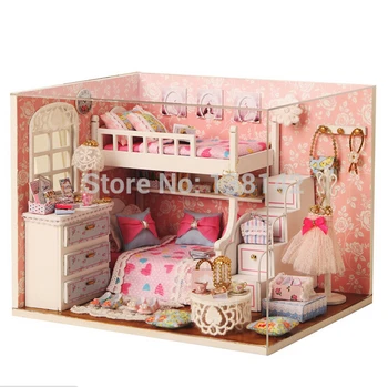 Miniatúrne DIY drevená bábika dom 1:12 spálňa miniatura domček pre bábiky Budovy Model Nábytok, Hračky H006