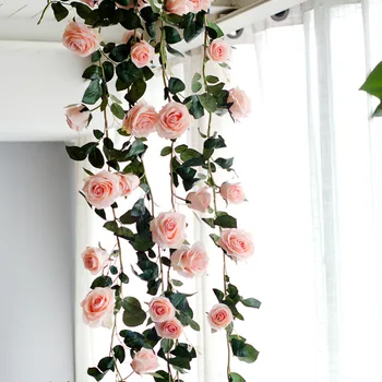 180 cm Umelé Ruže Kvet Viniča Svadobné Dekoratívne Skutočný Dotyk Hodvábne Kvety S Zelené Listy pre Domáce Visí Garland Dekor