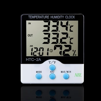 Digitálny LCD Krytý Vonkajší Teplomer Vlhkomer Teplota Vlhkosť Meter S Hodinami Teplomer Tester 10pcs/veľa HTC-2A