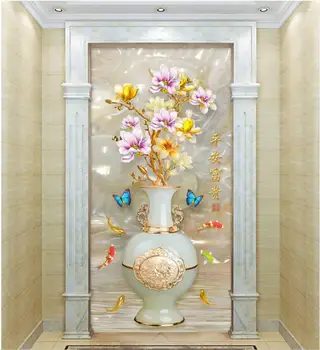 Vlastné nástenné foto 3d tapeta Romantický jade váza na kvety motýľ verandu dekor maľovanie 3d nástenné maľby, tapety na steny, 3 d