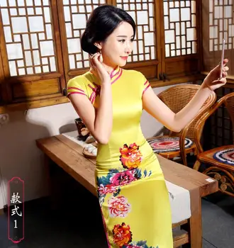 Hot Predaj Tradičnej Čínskej Ženy Dlhé Šaty Letné New Silk Satin Qipao Sexy Štíhla Vytlačené Cheongsam Plus Veľkosť M L XL XXL XXXL