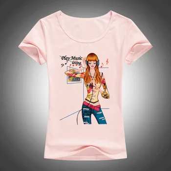 Počúvať hudbu, módne dievča vytlačené t shirt ženy 2017 lete krátky rukáv harajuku kawaii t-shirt elastická bavlna topy tees F4