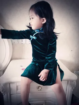 Baby Dievčatá Šaty 2017 Jeseň Čínsky Štýl Velvet Cheongsam Tlačidlo Longsleeve Deti Oblečenie Šaty pre Dievčatá, Deti Oblečenie