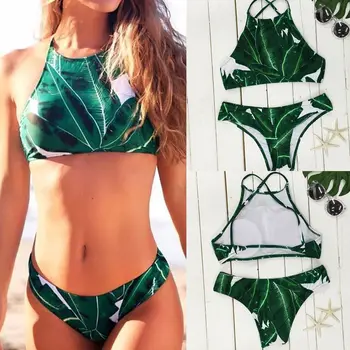 2017 Hot Kvetinový Sexy Ženy, Zelenej Listovej Tlač Plavky Bikiny Nastavenie Push-up Polstrovaná Obväz Plavky na Kúpanie plážové oblečenie Brazílsky