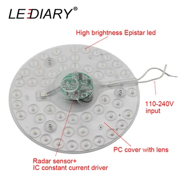 LEDIARY Radar 2D Vymeniteľné Magnet Zdroj Svetla LED Stropné Svietidlo 7/15W 110-240V Led Nahradenie IC Ovládač+Snímač Kolo