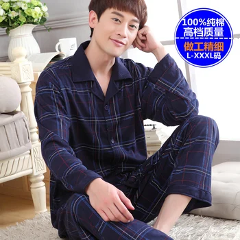 Muž sleepwear plus veľkosť bavlnené pyžamo dlhé-rukáv muži jeseň zima pajama sady salónik set nightgown