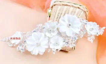 2016 Nové Kórea Štýl Ručné Drahokamu Pearl White Čipky Veľké Kvety Hairband Svadobné Hlavový Most Vlasy, Šperky, Svadobné Doplnky