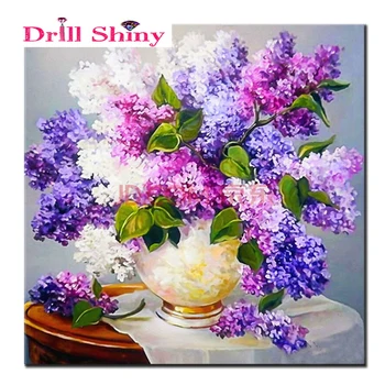 DIY Diamond Vyšívanie, Maľovanie Kolo Plné Diamond Výšivky Fialová Fialová Kvetinové Vázy Maľovanie Vzor Domáce Dekorácie