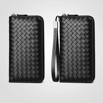 Prvá vrstva kožené čierne tkané zips peňaženky pár dlhé ruky tašku pánske kožené kabelky Ms.