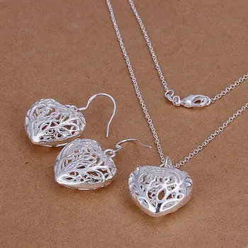 Strieborné pozlátené šperky 925-sterling-strieborná módne šperky srdce náhrdelník&náušnice šperky sady pre ženy/muži