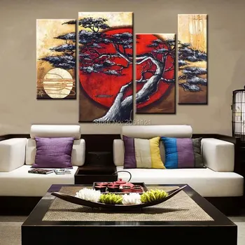 Ručne maľované skupiny plátno olejomaľba japonskom štýle západu slnka strom krajiny obrazov na stenu moderné domáce dekorácie kusov lacné