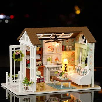 Cute Izba Puppenhaus bábika nábytok deti Darček s Drevenou Mini Dom Darček Hračky pre Deti s Lampou Miniatúrne Dom