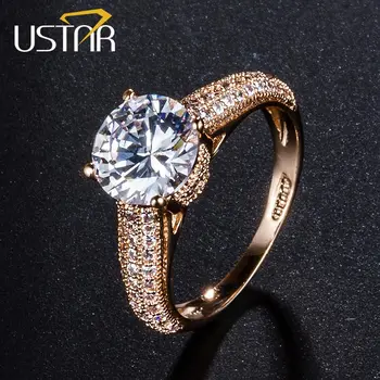 USTAR 1.25 ct 7mm AAA Zirkón snubné Prstene pre ženy Šperky Ruže Zlatá farba Kryštálov zásnubné prstene žena Anel najvyššej kvality