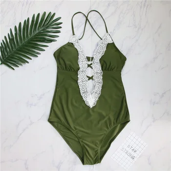 Čipky jednodielne Plavky 2018 Hlboké V Sexy plavky Ženy Plavky Plus Veľkosť Plavky Brazília Monokiny Zelená Čierna Kombinéza XL