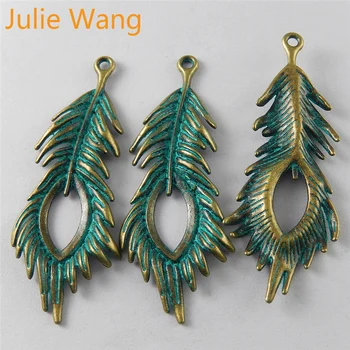 Julie Wang 5 KS/veľa Zliatiny Zinku Zelená Páva Pierko Prívesky Charms Náušnice Náhrdelník Hľadanie DIY Šperky, Takže Príslušenstvo