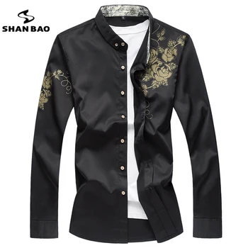 - SHAN-BAO značky mužov bežné dlho puzdre tričko Čínsky štýl, kvety 2017 jeseň nové veľké veľkosti bavlnené tričko black red white