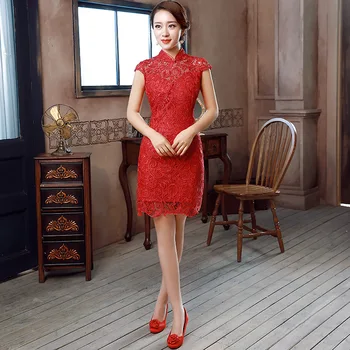Nový Príchod Čínskeho Dámy Mini Qipao Krátky Rukáv Elegantné Cheongsam Vestidos Tradičnej Číne Svadobné Šaty