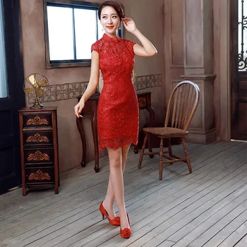 Nový Príchod Čínskeho Dámy Mini Qipao Krátky Rukáv Elegantné Cheongsam Vestidos Tradičnej Číne Svadobné Šaty
