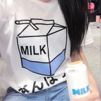 Japonsko Štýl Mlieko Tlačených Topy Študentov Žena Harajuku T shirt Lumbálna Tumblr Čierna Biela WMT321